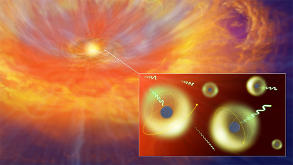 Figure: Artist's impression of a kilonova caused by a neutron star merger. In the material released by the merger, various heavy elements are formed, which then absorb and emit light. New atomic data calculations help to clarify kilonovae. (Credit: NAOJ)