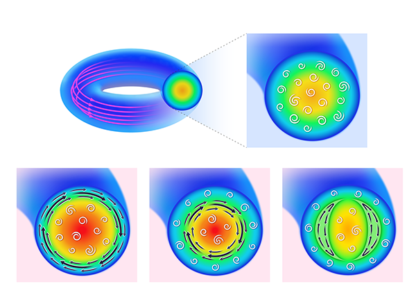 図１　プラズマ内部に発生したトロイダル流（ピンク色の線）、ポロイダル流（黒線）、乱流（白線）、温度分布（青〜赤）の様々な状態。温度の高い部分が赤、低い部分が青で示されている。温度が低いLモード（右上）、周辺部で温度が急上昇するHモード（左下）、中心部で温度が急上昇する内部輸送障壁モード（中央下）、三日月の部分で温度の上昇が妨げられている磁気島状態（右下）がある。