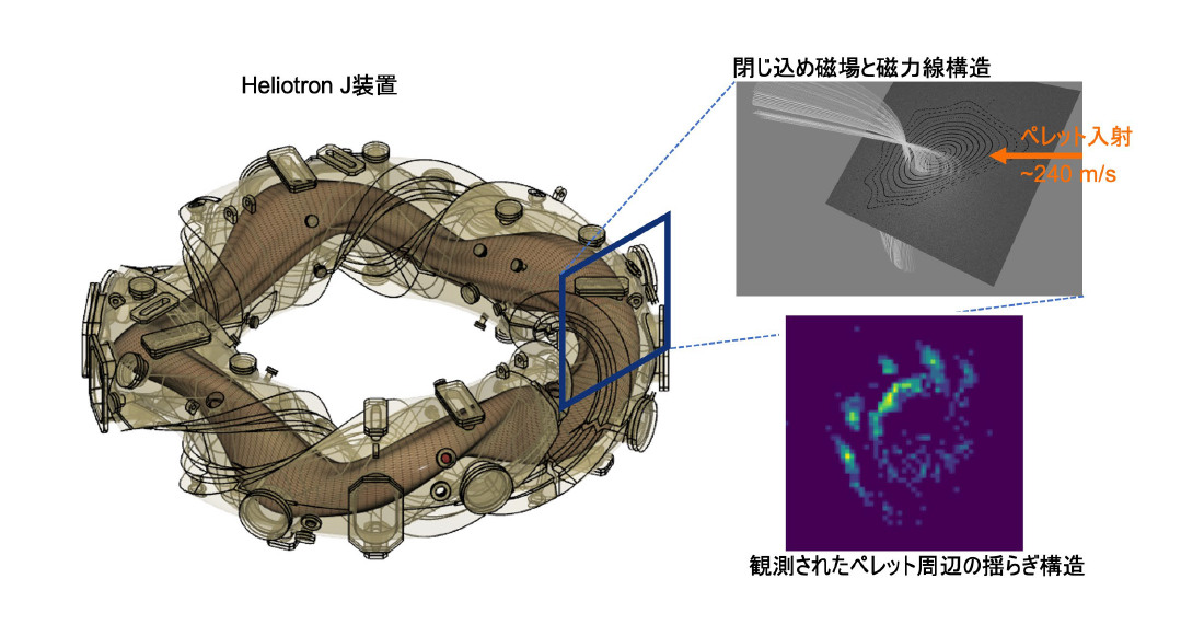 図 ヘリオトロン J 装置とその磁場構造、そして観測されたペレット周辺の“揺らぎ”構造