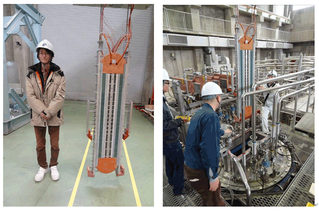 図３−1　大型高温超伝導導体サンプル（左）と核融合科学研究所・超伝導マグネット研究棟の９テスラ大型導体試験設備へのサンプル装着の様子（右）