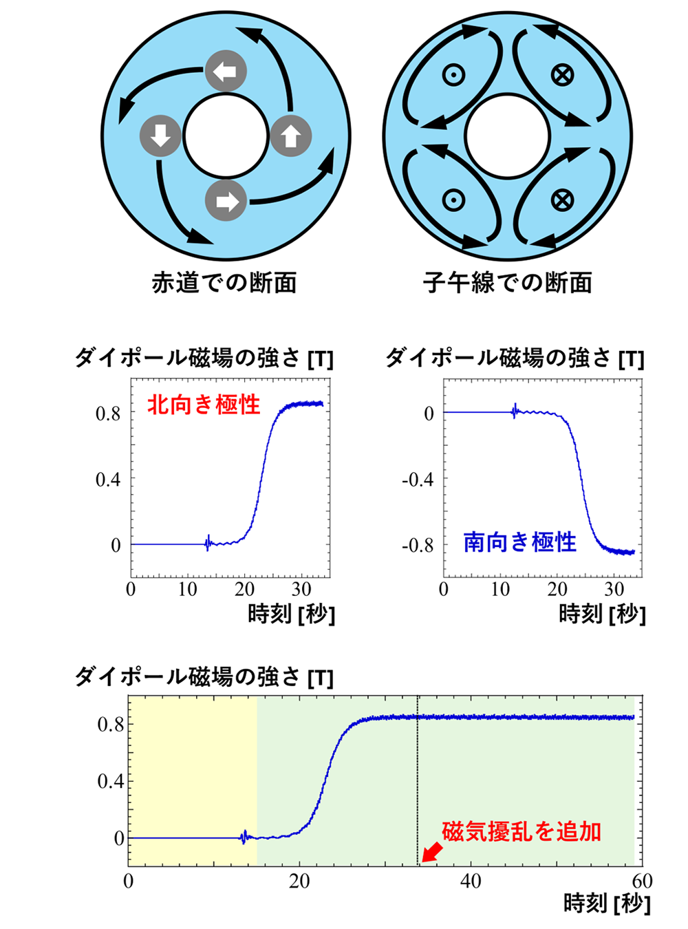 図2：シミュレーションで用いた対流の模式図とダイポール磁場の成長過程